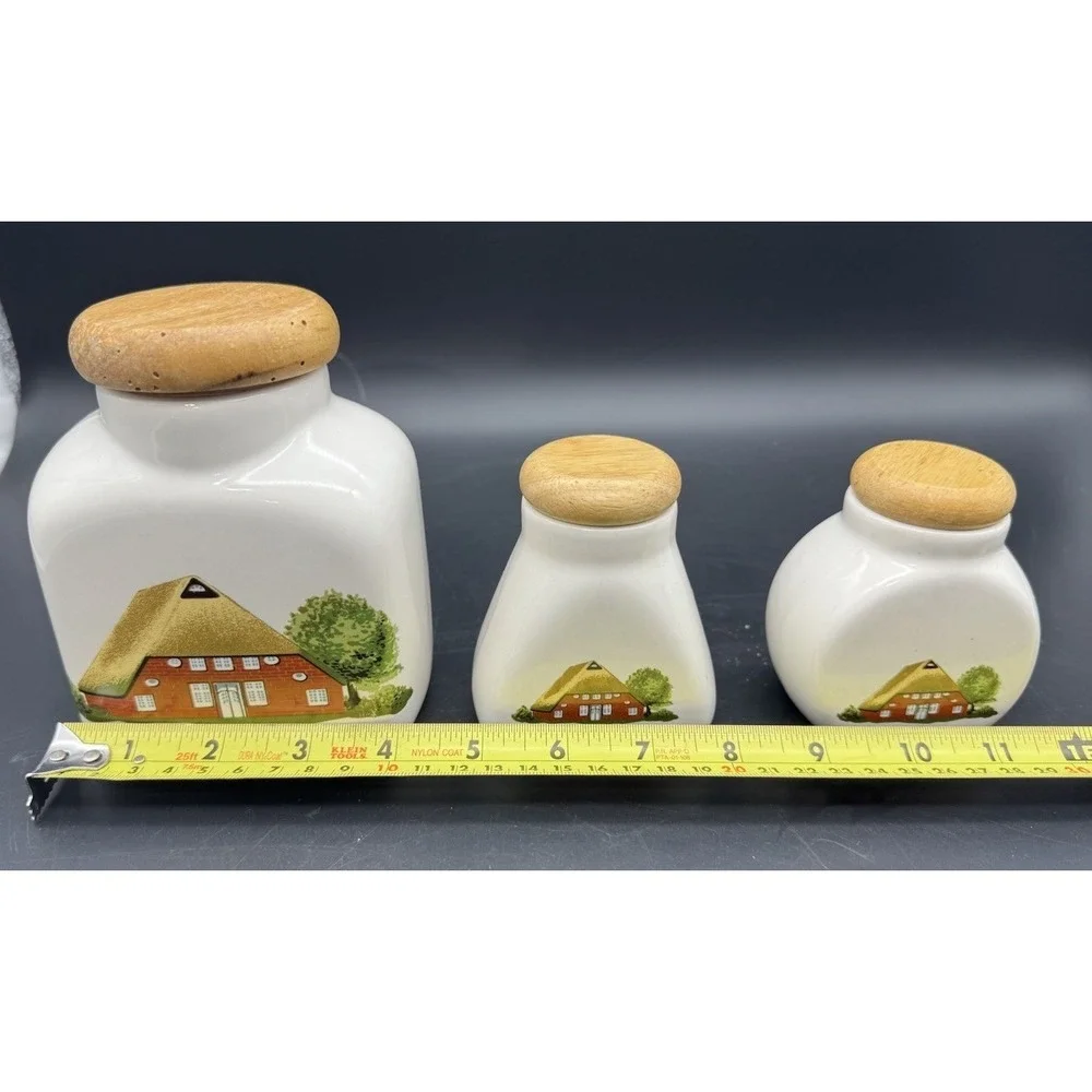 European Ceramic Canister Jars 3pc Wooden Lids Cottage Farmhouse Kitchen Decor